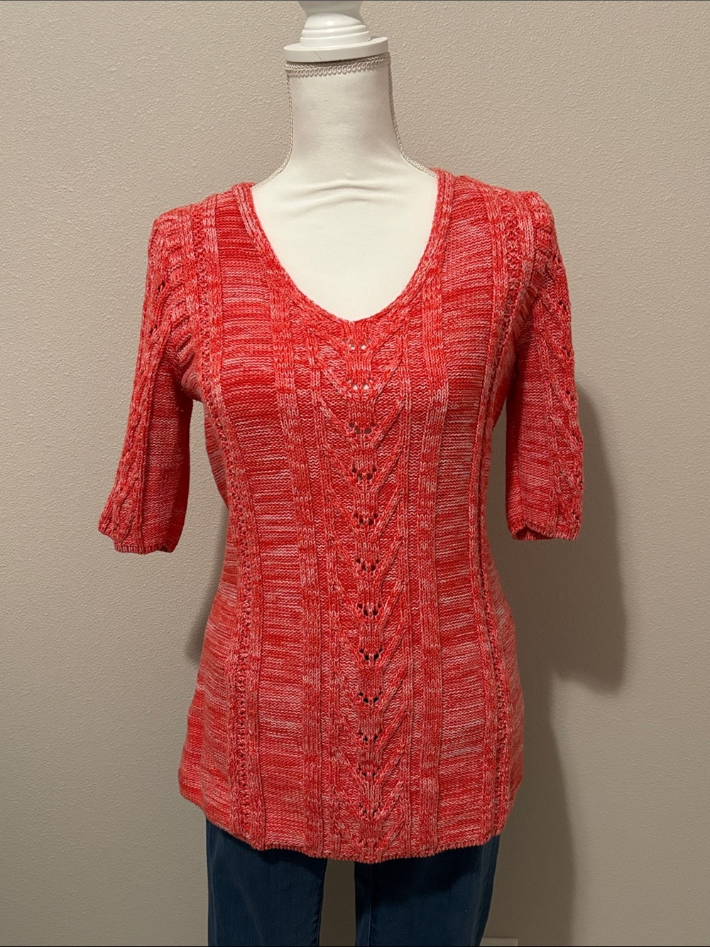 PENDLETON Coral Pink White Marled Cable Knit V-Neck Short Sleeve Sweater M